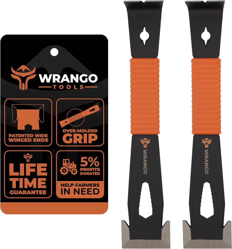 WRANGO TOOLS Store 9.5" Trim Bar Pry Bar - Patented Small Pry Bar with Bolt Remover & Nail Puller for Home Improvement & Construction - Flat Bar with Shock-Absorbing Grip & Wide Winged Ends, 2pk - Image 1